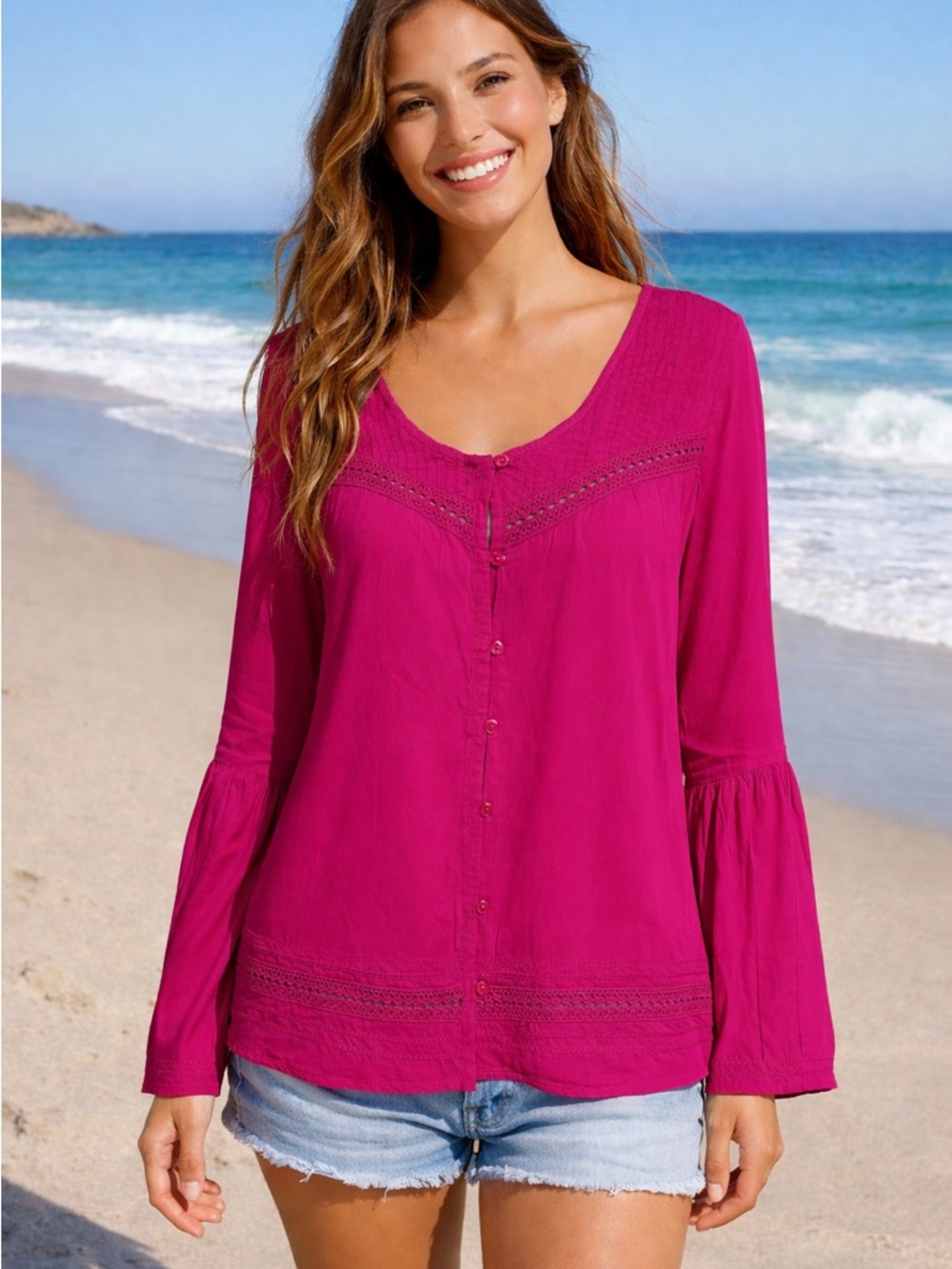 Billabong Fuchsia Button-Front Boho Blouse Eyelet Details Cotton Blend M